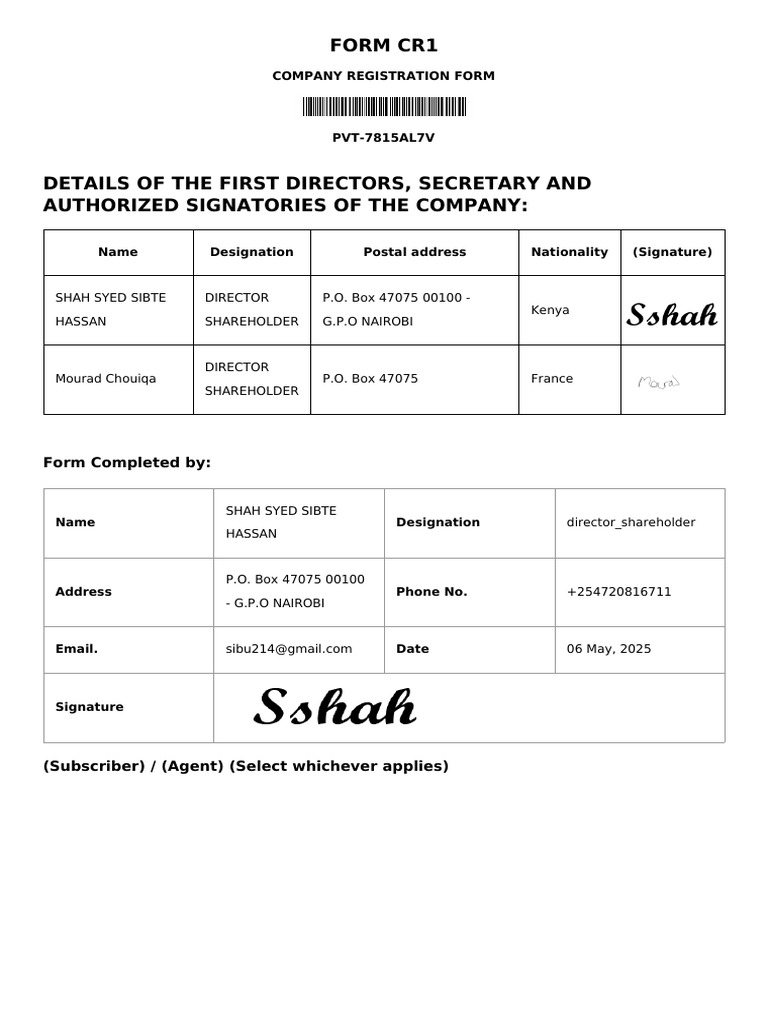 Kenya Company Registration Form CR1 | PDF