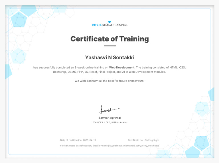 Web Development Training - Certificate of Completion | PDF