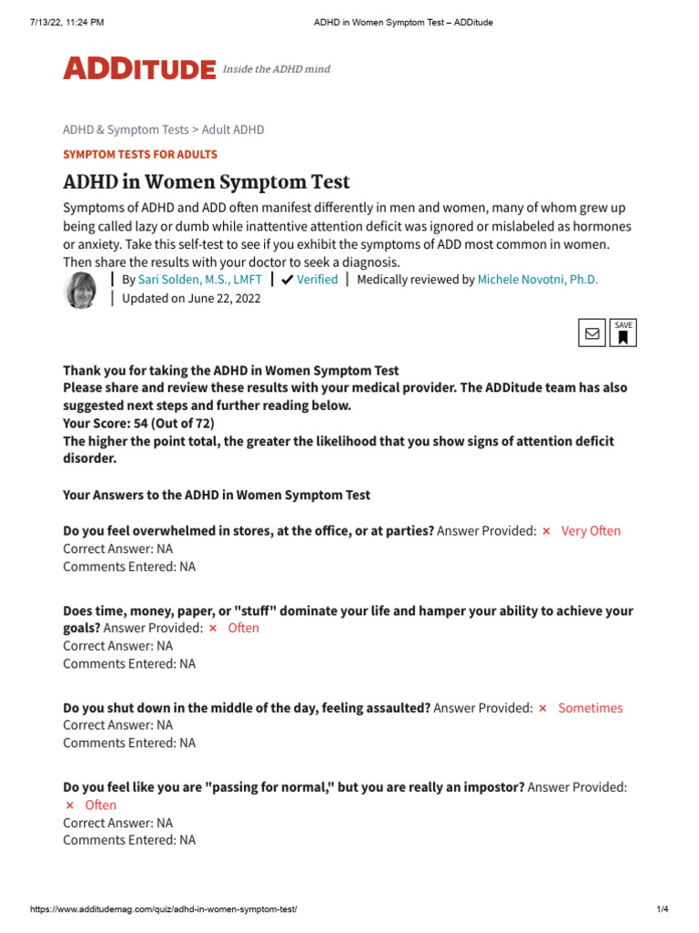 ADHD Symptom Test for Women | PDF | Attention Deficit Hyperactivity ...