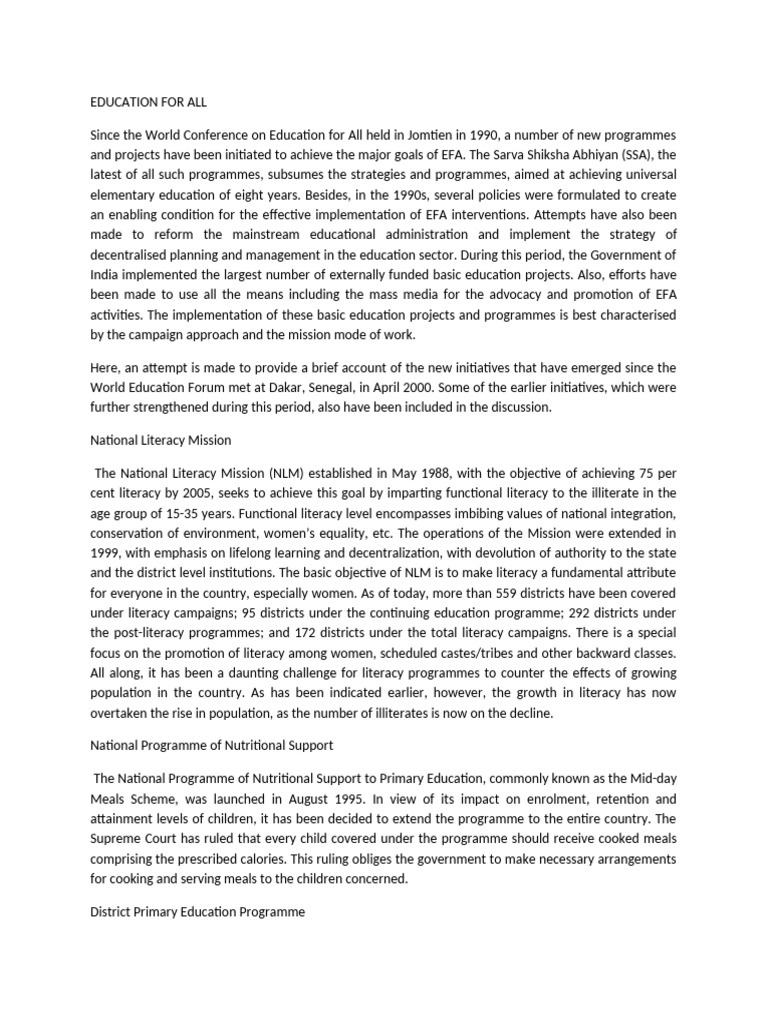 Education for All Initiatives in India | PDF | Literacy