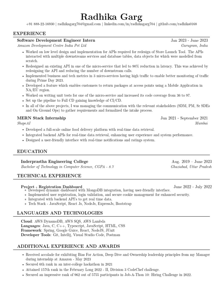 Radhika Garg: Software Engineer Profile | PDF | Java Script | Computing