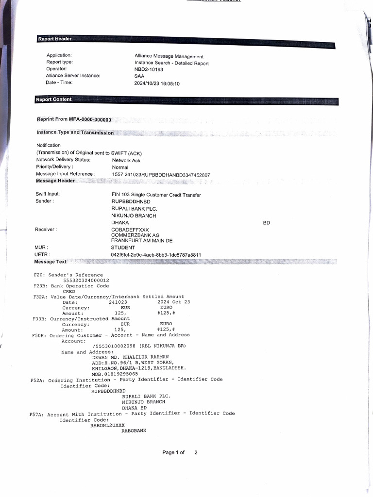 Swift Copy of Bank Transfer Details | PDF | Transmission Control ...