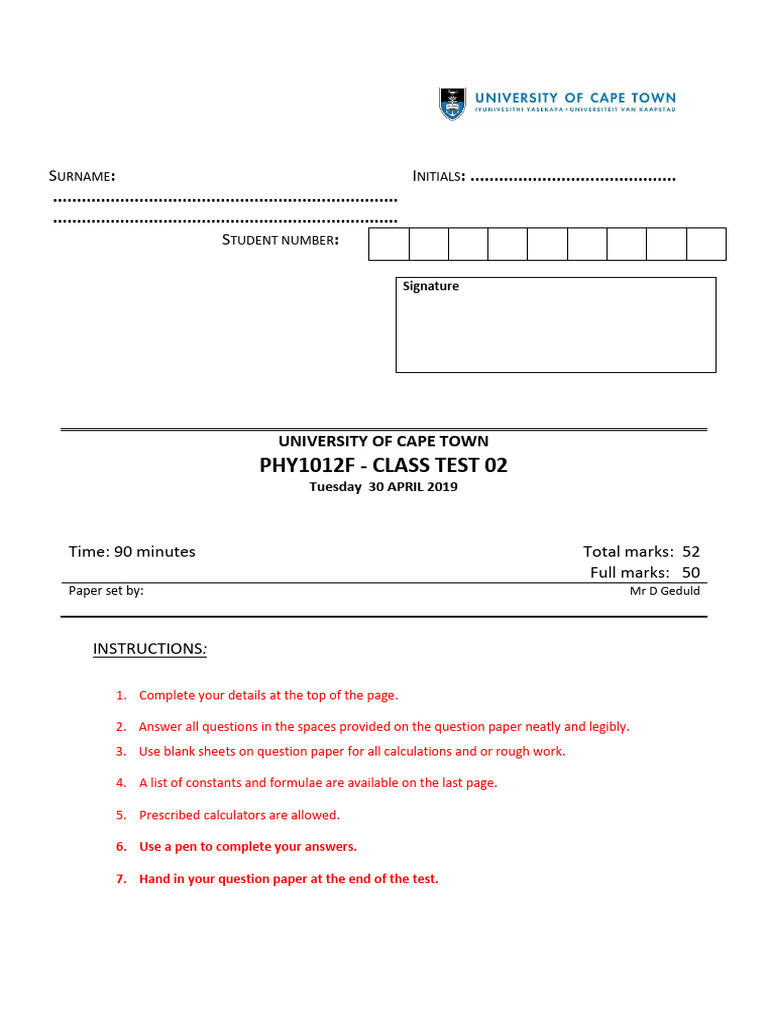 UCT PHY1012F Class Test 02 2019 | PDF | Force | Friction
