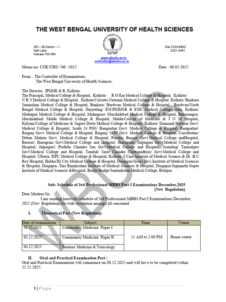 3rd MBBS Exam Schedule Dec 2025 | PDF | Kolkata | Health Sciences