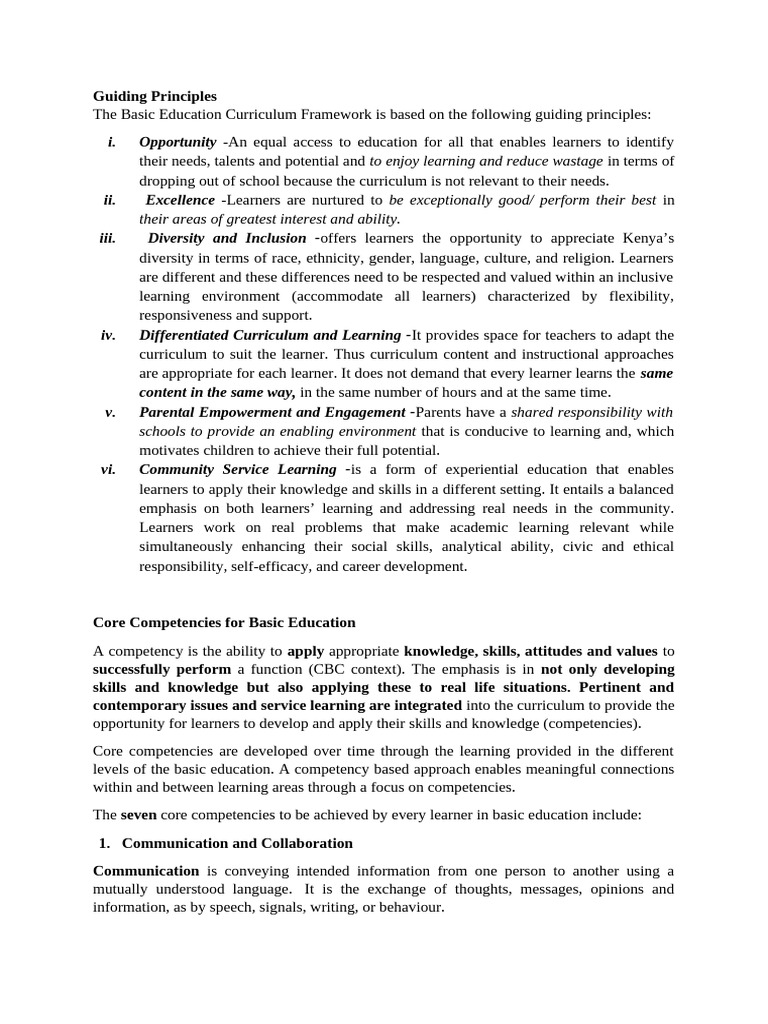Guiding Principles of CBC Curriculum | PDF | Self Efficacy | Learning