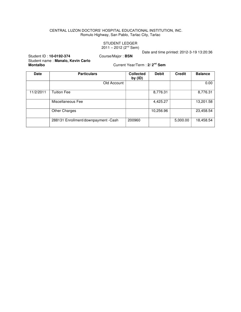 Student Ledger for BSN Program 2011-2012 | PDF | Finance & Money Management