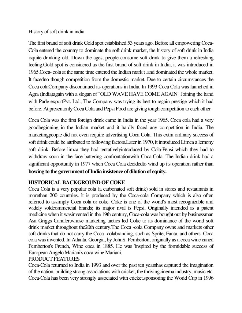 History of Soft Drink in India PDF Coca Cola Soft Drink