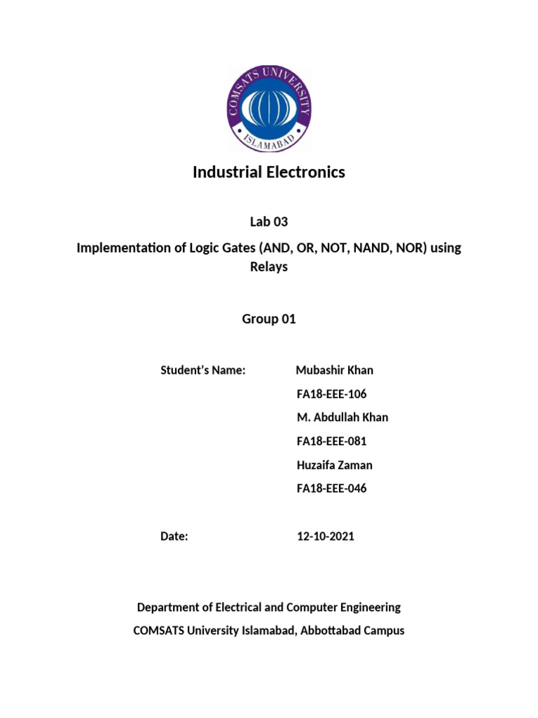 Lab 03 Industrial - Group # 1 | PDF | Logic Gate | Electronic Circuits