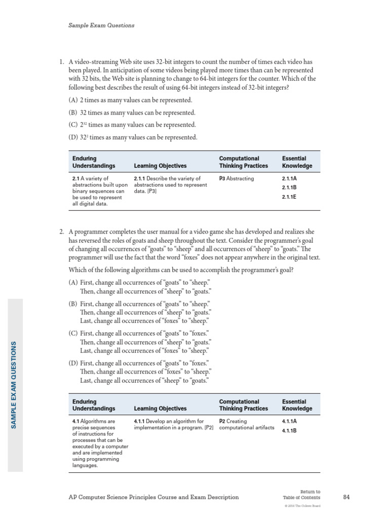 AP Computer Science Sample Questions | PDF | Data | Algorithms