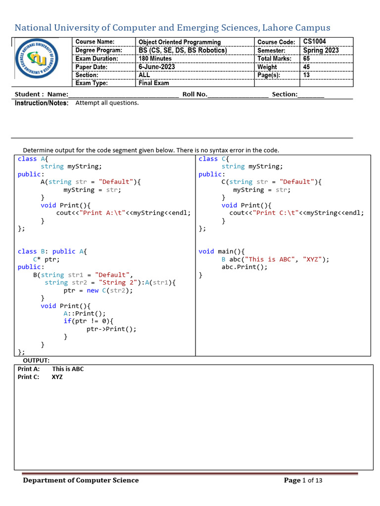 Final Exam: Object Oriented Programming | PDF | Integer (Computer ...