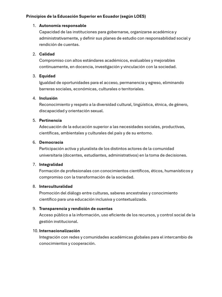 Principios de Educación Superior en Ecuador | PDF
