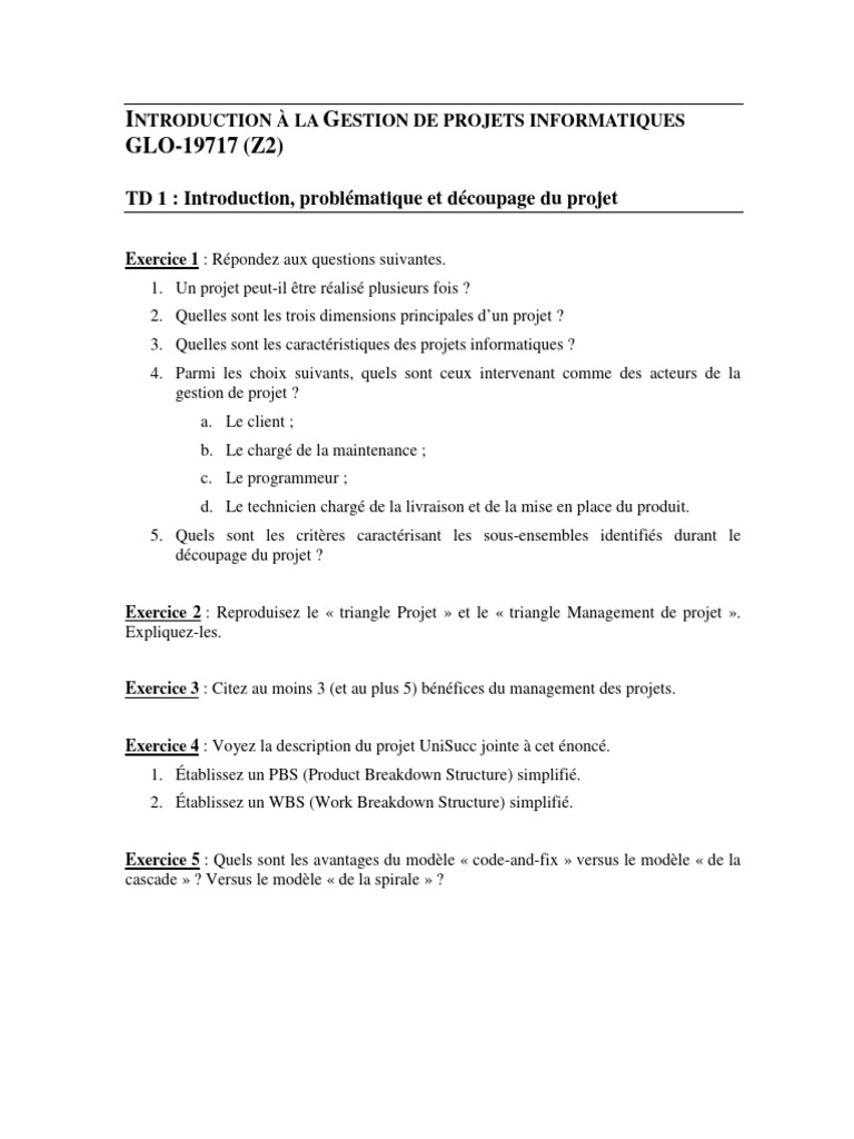 Gestion de Projets Informatiques : TD 1 | PDF