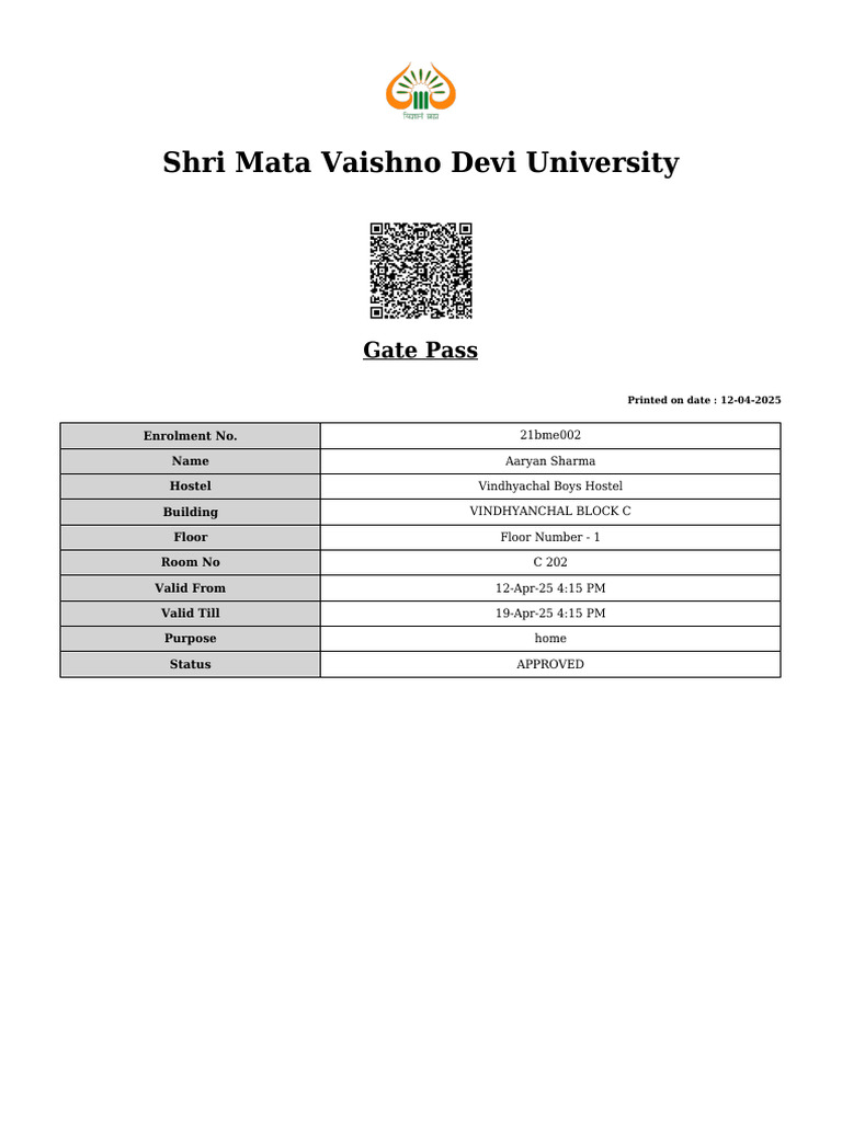 Shri Mata Vaishno Devi University Gate Pass | PDF