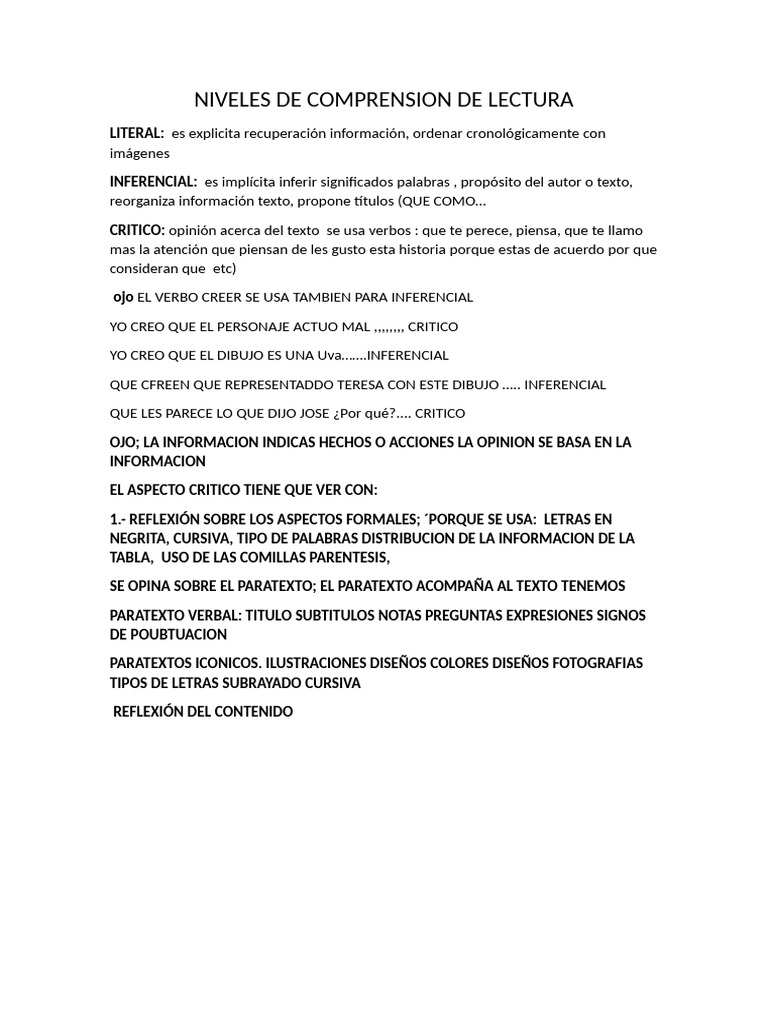 Niveles de Comprensión de Lectura | PDF