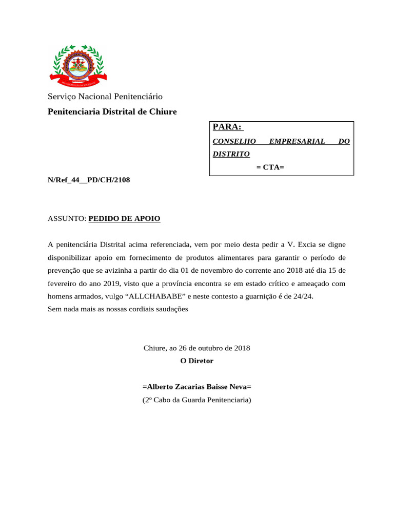 Pedido De Apoio Alimentar Para Penitenci ria PDF