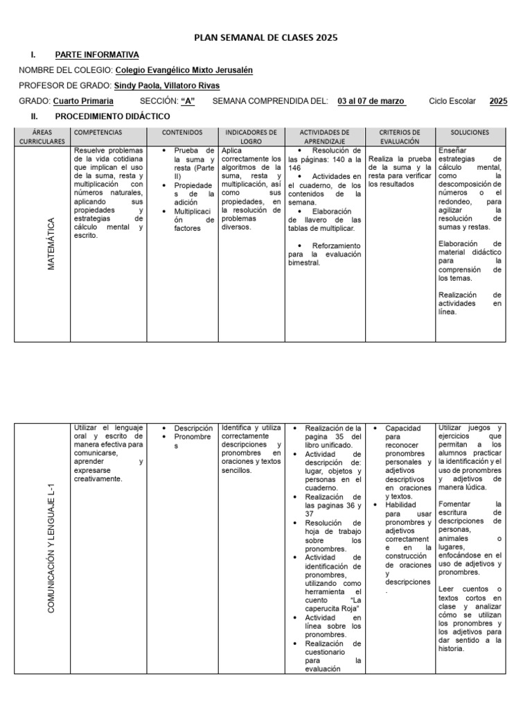Plan Semanal Clases Cuarto Primaria 2025 | PDF | Hueso | Aprendizaje