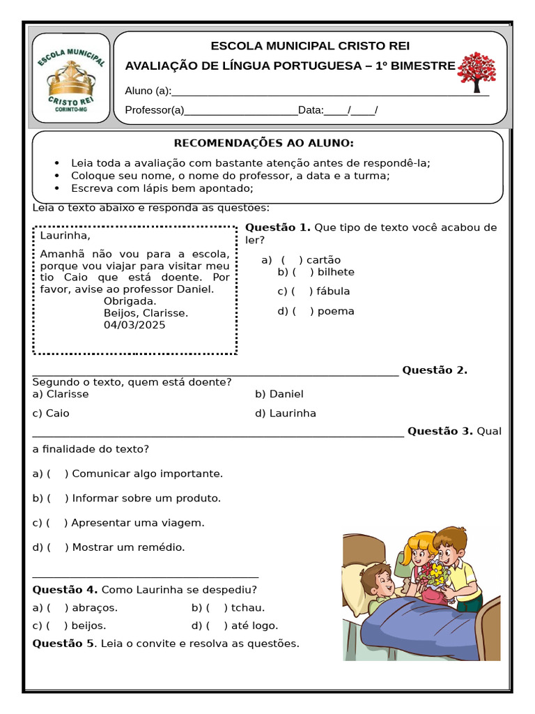 Avaliação de Língua Portuguesa 1º Bimestre | PDF