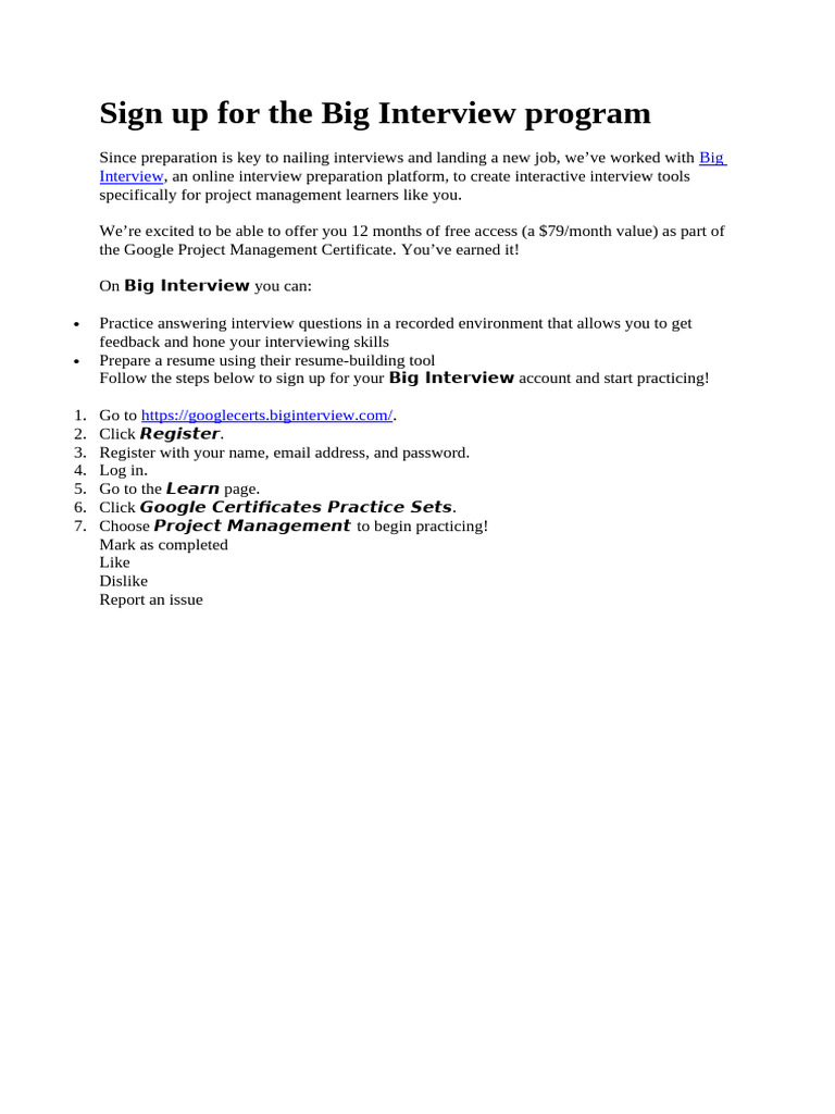 Sign Up For The Big Interview Program | PDF