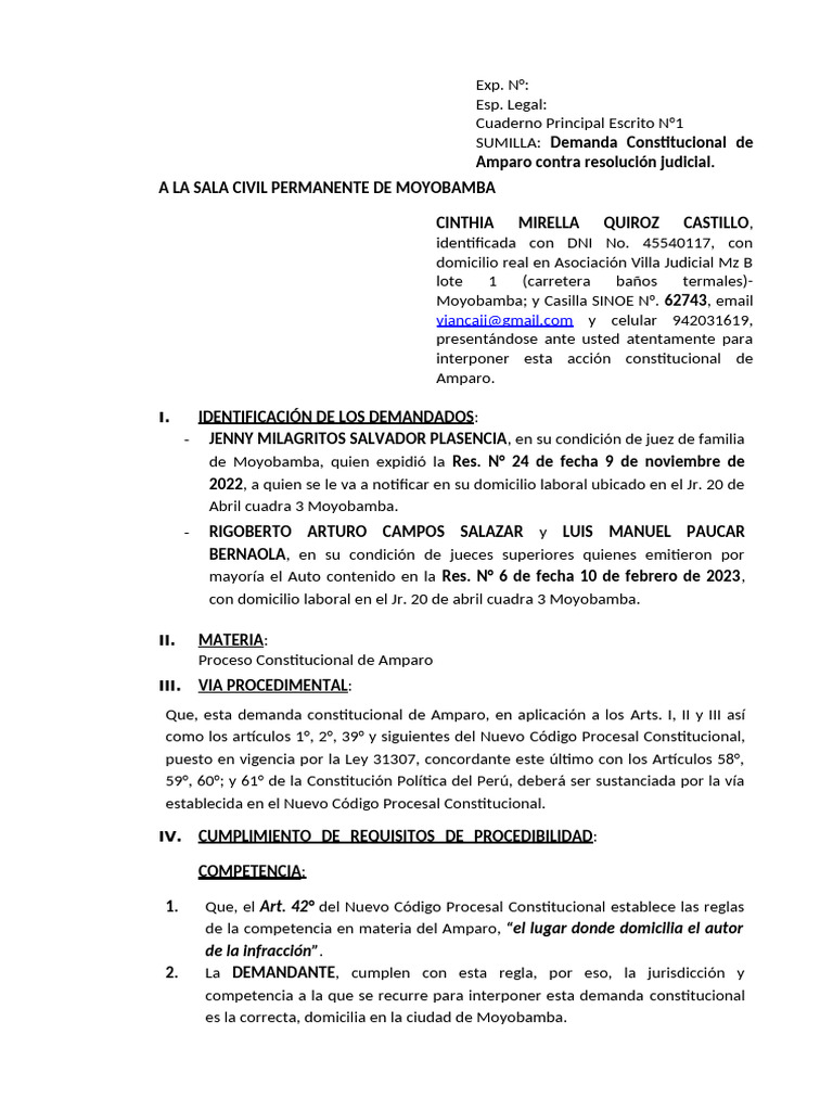 Demanda de Amparo contra Resoluciones Judiciales | PDF | Violencia ...