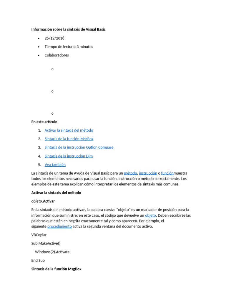 Sintaxis de Visual Basic: Guía Completa | PDF | Básico | Desarrollo de ...