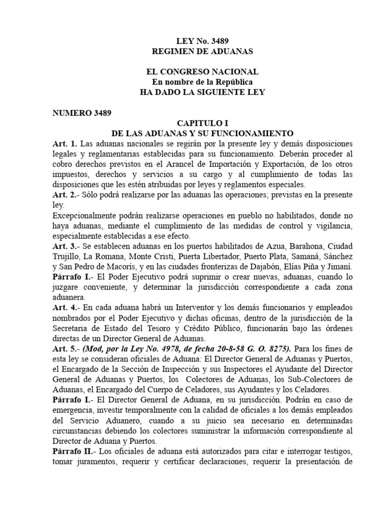 LEY # 3489 - Regimen De Aduanas | PDF | aduana | Guía de carga
