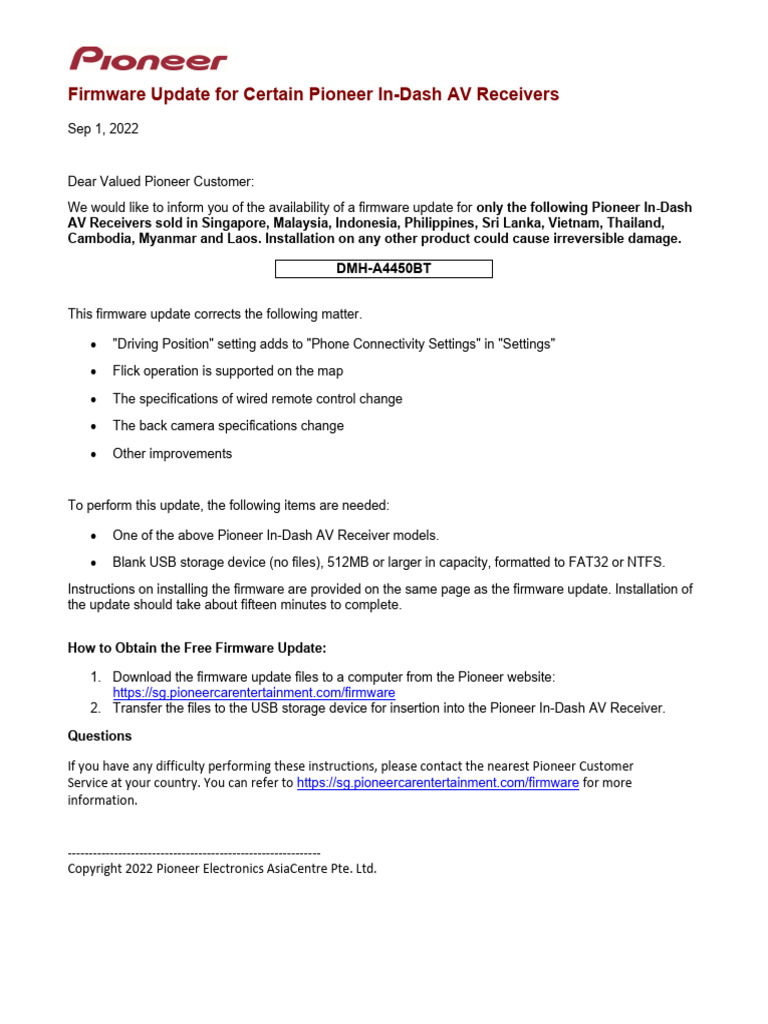 Pioneer AV Receiver Firmware Update Guide | PDF