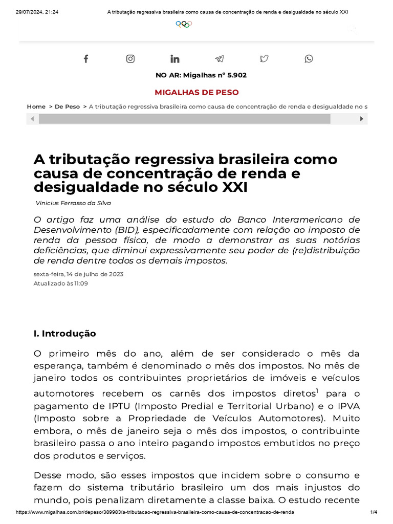 A Tributação Regressiva Brasileira Como Causa de Concentração de Renda ...