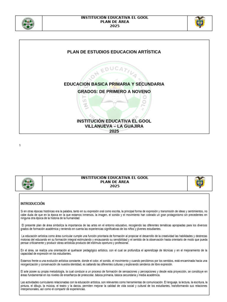 Plan de Estudios de Educación Artística 2025 | PDF | Educación en artes ...