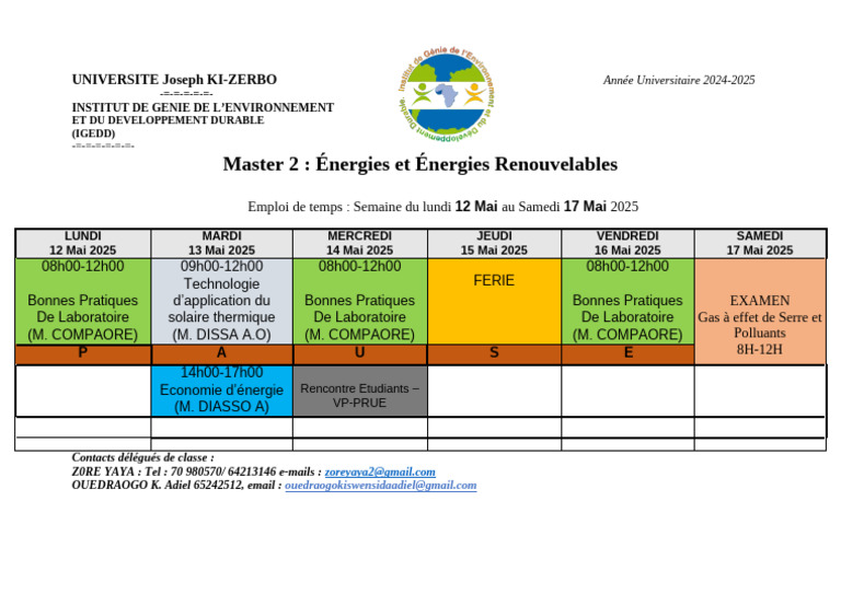 Emploi du temps Master Énergies 2025 | PDF