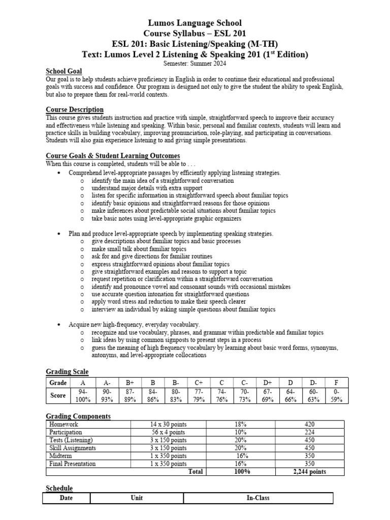 ESL 201 Course Syllabus - Summer 2024 | PDF | English As A Second Or ...