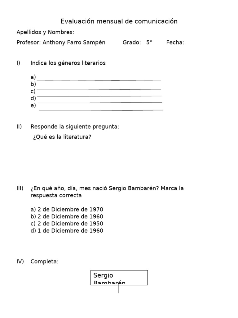 Evaluación de literatura para 5° grado | PDF