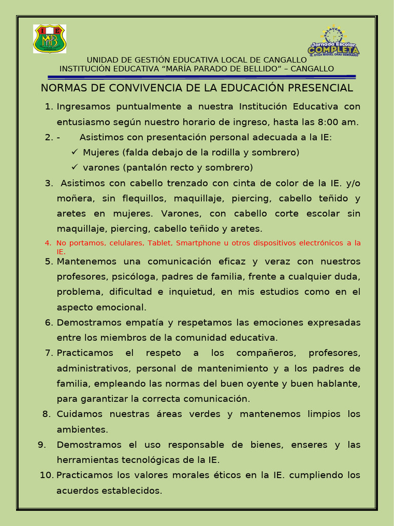 Normas de Convivencia Ie Jec MPB 2025 | PDF