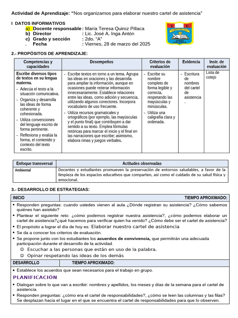 Escriben y Elaboran Nombre para El Cartel de Asistencia. Uso de ...