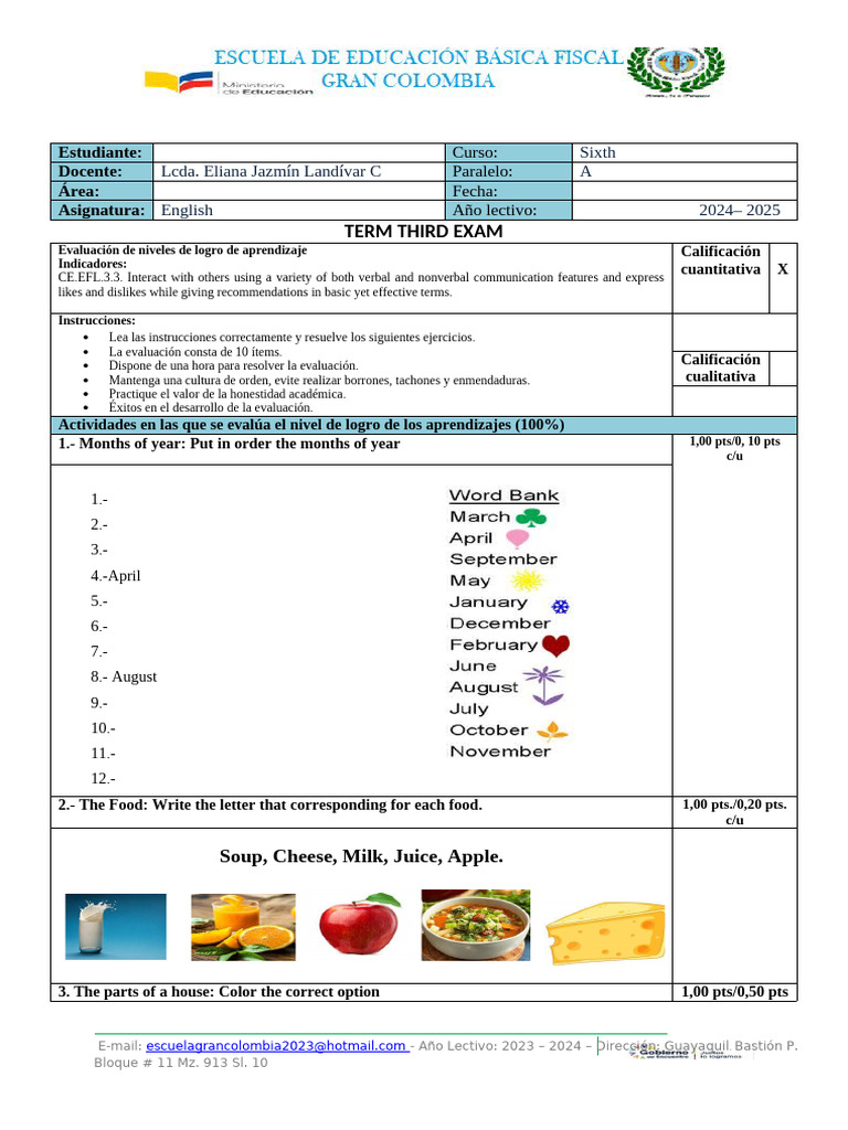 Examen de Inglés 6to Grado 2024 | PDF