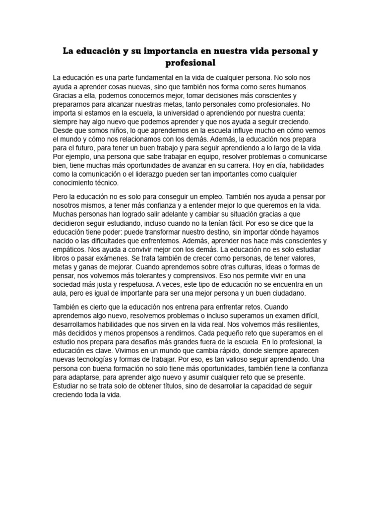 La Educación y Su Importancia en Nuestra Vida Personal y Profesional ...