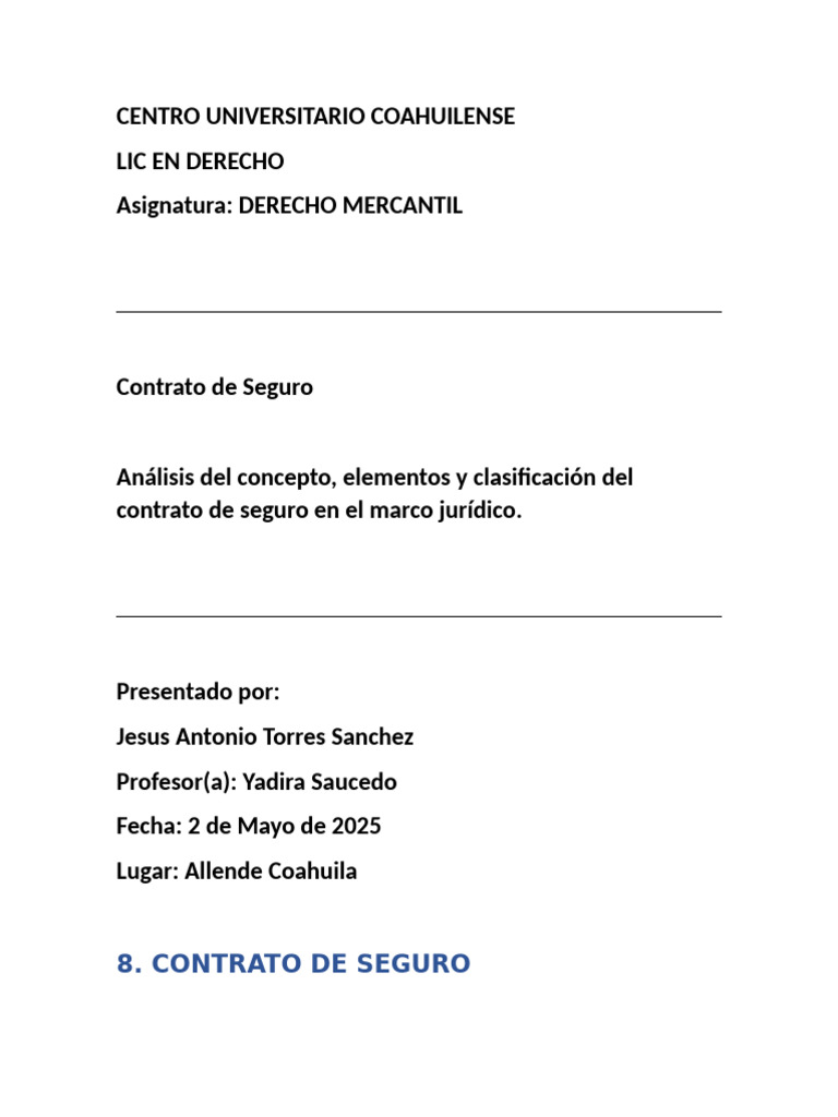 Análisis del Contrato de Seguro en Derecho Mercantil | PDF | Seguro ...