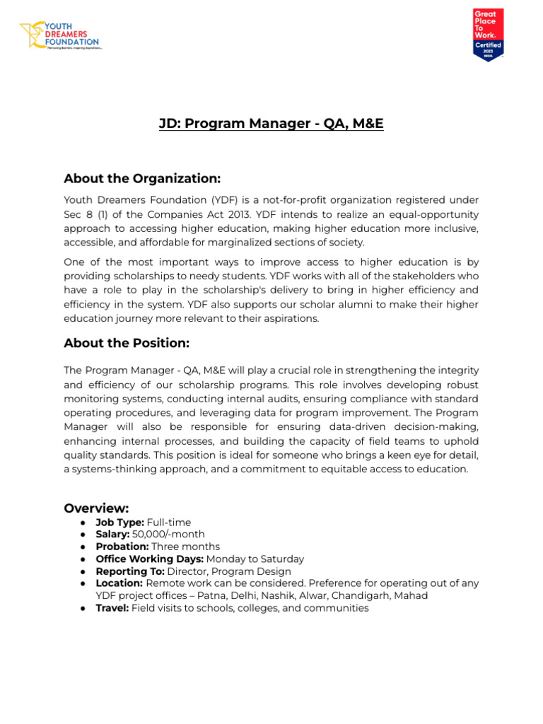 Program Manager - QA, M&E JD | PDF | Business