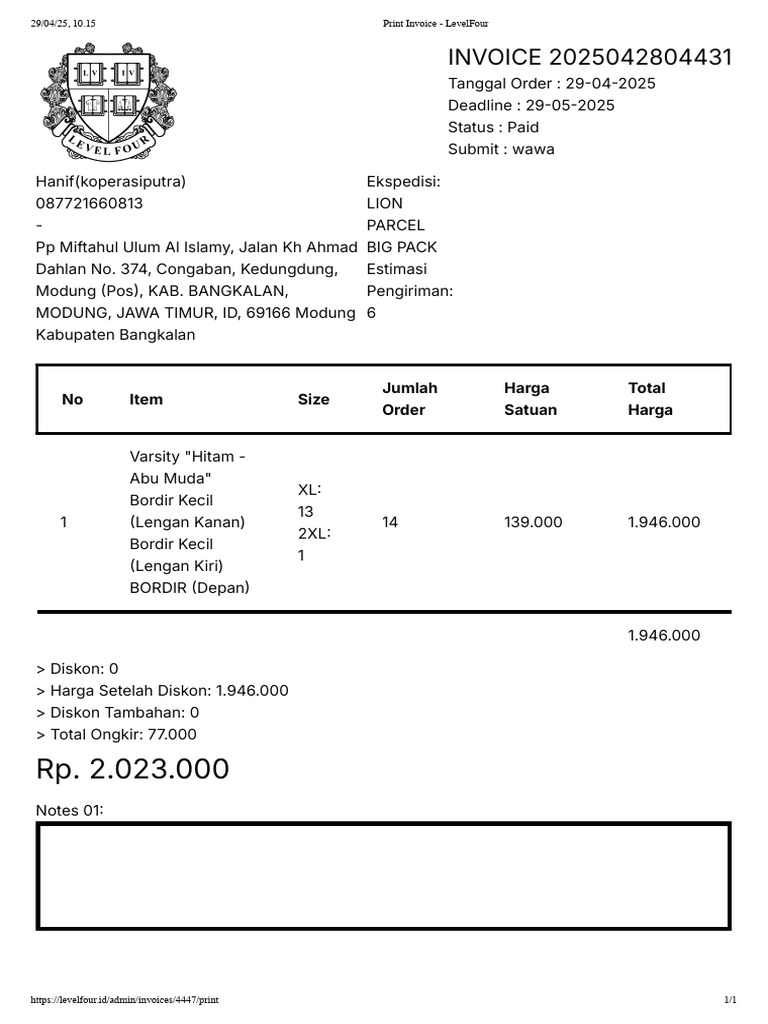 Invoice Pembayaran Order 2025042804431 | PDF