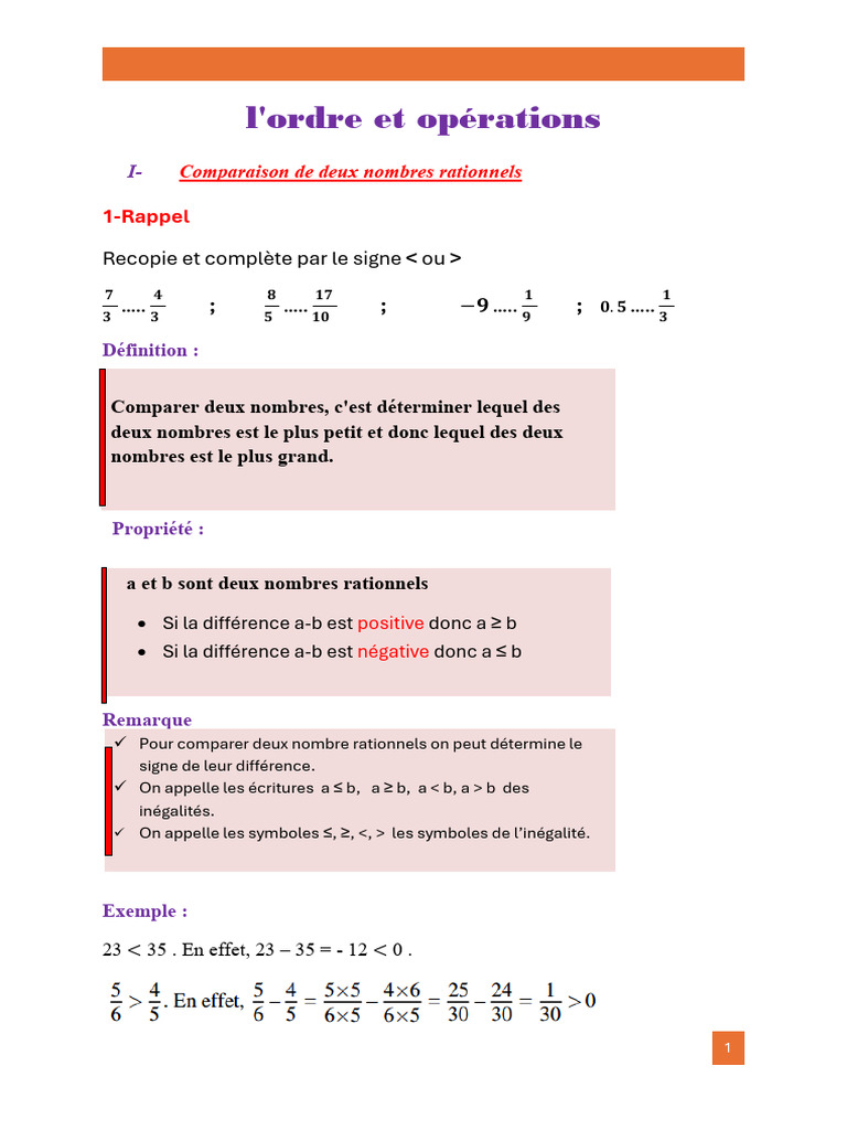 Comparaison et opérations rationnelles | PDF | Inégalité (mathématiques ...