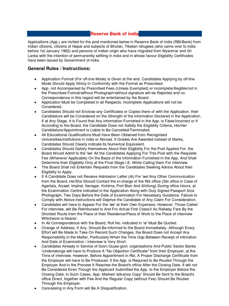 RBI Recruitment Application Guidelines | PDF