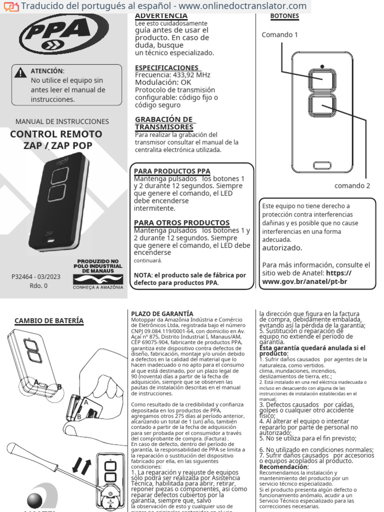 Manual de Control Remoto PPA Zap | PDF