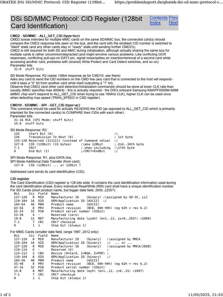 DSi MMC Protocol: CID Register Overview | PDF | Computer Data ...