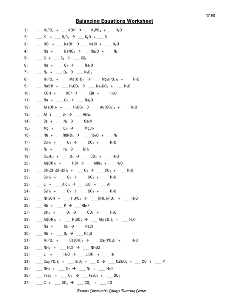 Balancing Equations Worksheet W 301 | PDF