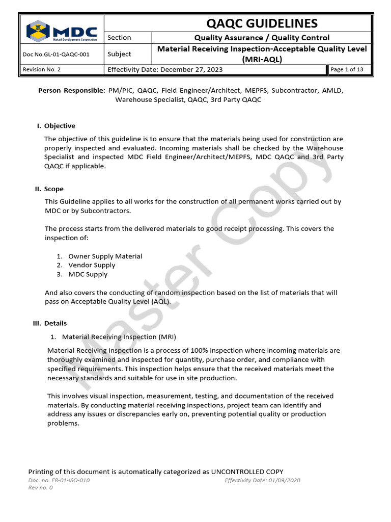 Material Receiving Inspection Guidelines | PDF