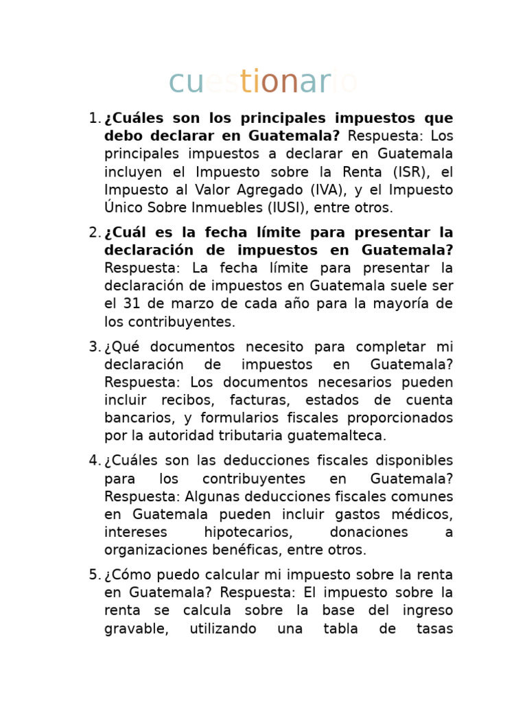 cuestionario | PDF | Impuestos | Impuesto sobre la renta