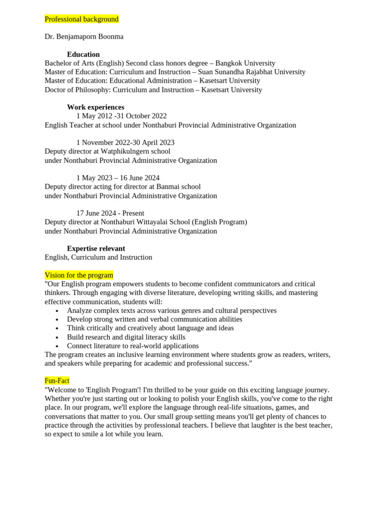 Dr. Benjamaporn Boonma's English Program | PDF