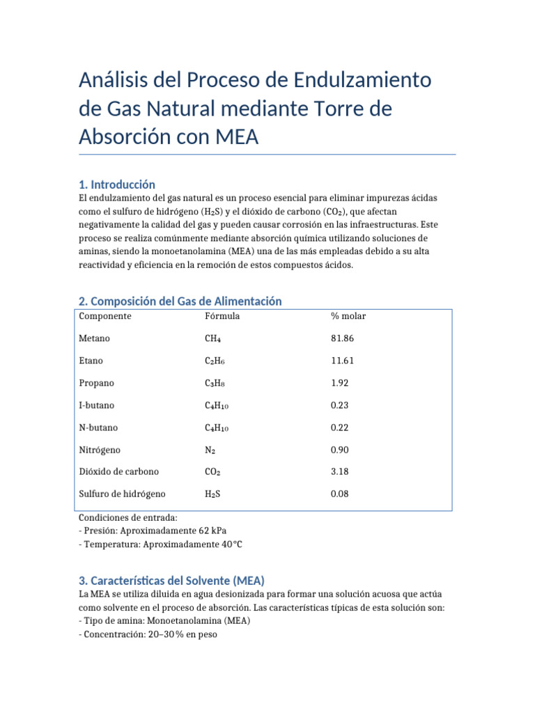 Endulzamiento de Gas Natural con MEA | PDF | Absorción (Química ...