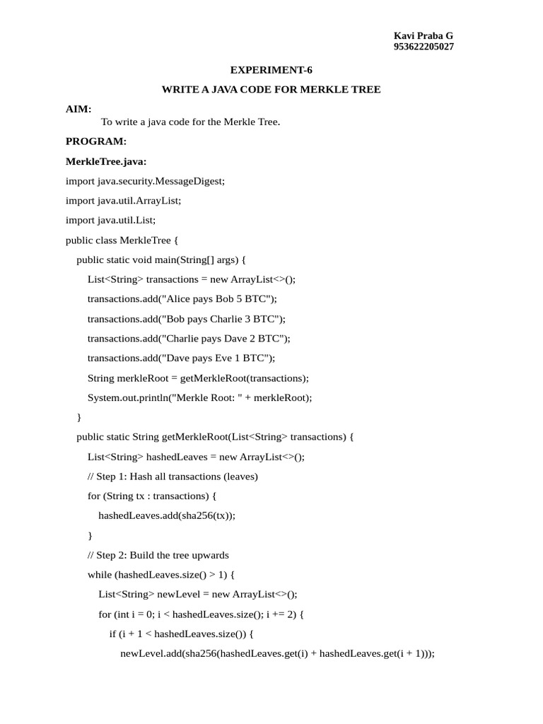Experiment - (Merkle Tree) (Cryptocurrency and Blockchain Technologies) |  PDF | Computing | Object Oriented Programming