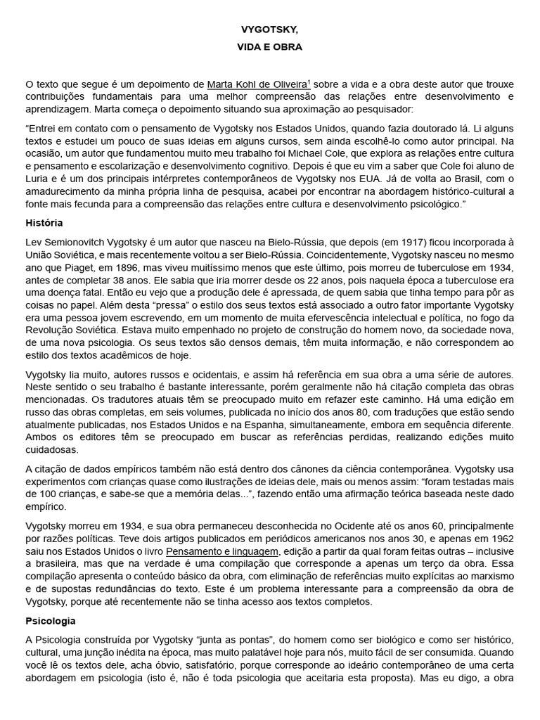 Vida e Obra de Vygotsky | PDF | Psicologia | Adolescência