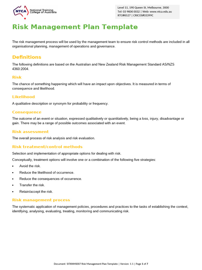 Group-8-NTCA230251-SITXWHS007 Risk Management Plan Template | PDF ...